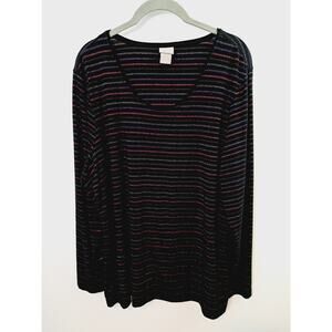 Chico's Women’s Black Sparkly Metallic Stripe Tee Long Sleeve Stretch Size 3, XL